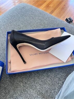 Stuart Weitzman Black Pointed-Toe High Heel Pump with White Trim